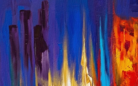 Peinture Abstraite Colorée "La Danse Des Flammes" / (60x60 Cm) – Peintures et dessins, Wood, Aluminium (photo 3 of 5)