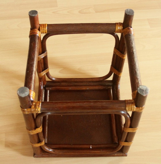 Handcrafted Rattan, Bamboo, Wood Plant Stand - Vintage 70s, Plant pot, Wicker, Brown, 1970 (photo 10 of 11)