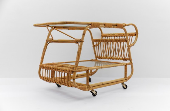 Image 1 of Carrello da portata italiano in bambù, rattan e vetro, anni '50