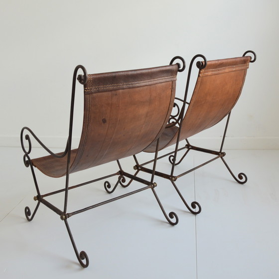 Image 1 of Paire de fauteuils en fer forgé et cuir vintage