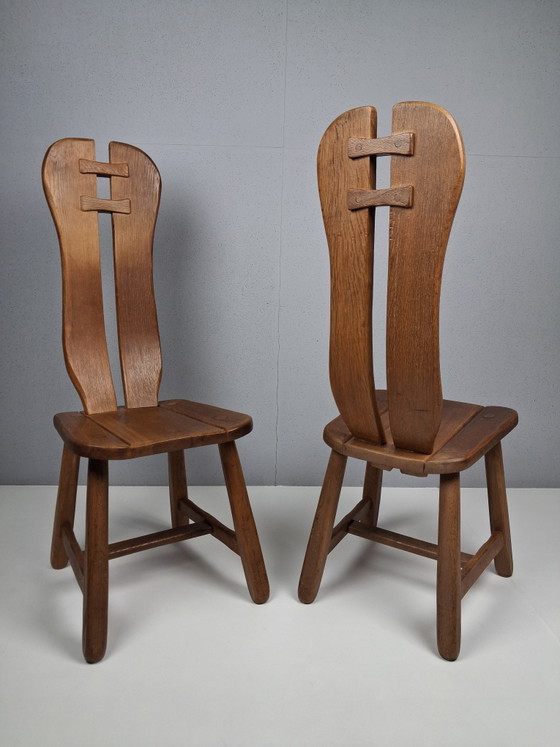 Set van 8 Vintage Brutalistische Stoelen De Puydt, Jaren 60 - 70 – Merk onbekend, Eetkamerstoelen, Wood (photo 4 of 10)