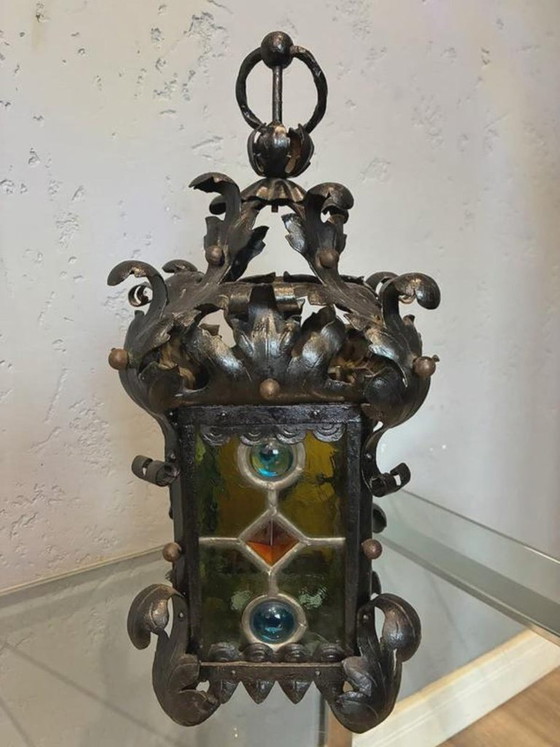 Lampada a sospensione gotica francese in ferro battuto, Vetro cattedrale al piombo (XIX secolo) (foto 2 di 8)