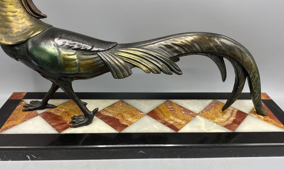 Image 1 of Grote Art Deco Fazant Beeld – Gepatineerd Spelter op Luxe Marmer – Franse 1930s Sculptuur – Wandeldecor / Verzamelobject 