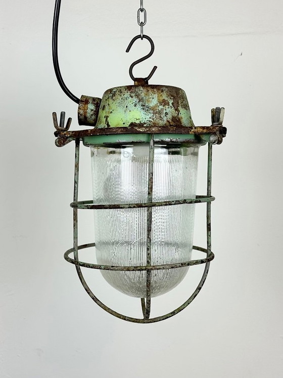 Image 1 of Green Industrial Soviet Bunker Pendant Light with Iron Grid, 1960s