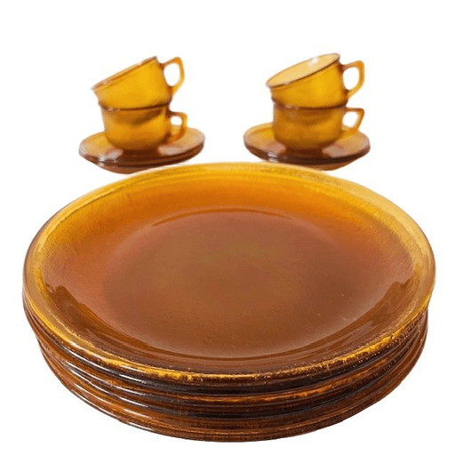 Set vintage amber glas ontbijtservies 1960's