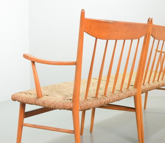 Image 1 of Large Mid-Century Design Spindle Back Bench with Rush Wickered Seatings in Style of Arno Lambrecht. Germany, 1950s. 