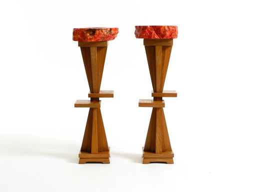 Two Unique Mid-Century Standing Ashtrays Consisting of Red Alabaster Cup with Beautiful Wooden Stand with Shelves