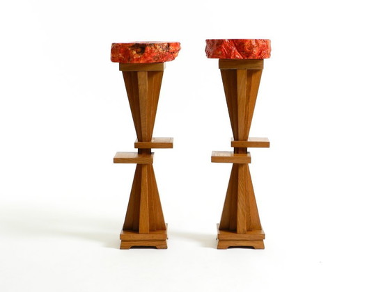 Image 1 of Two Unique Mid-Century Standing Ashtrays Consisting of Red Alabaster Cup with Beautiful Wooden Stand with Shelves