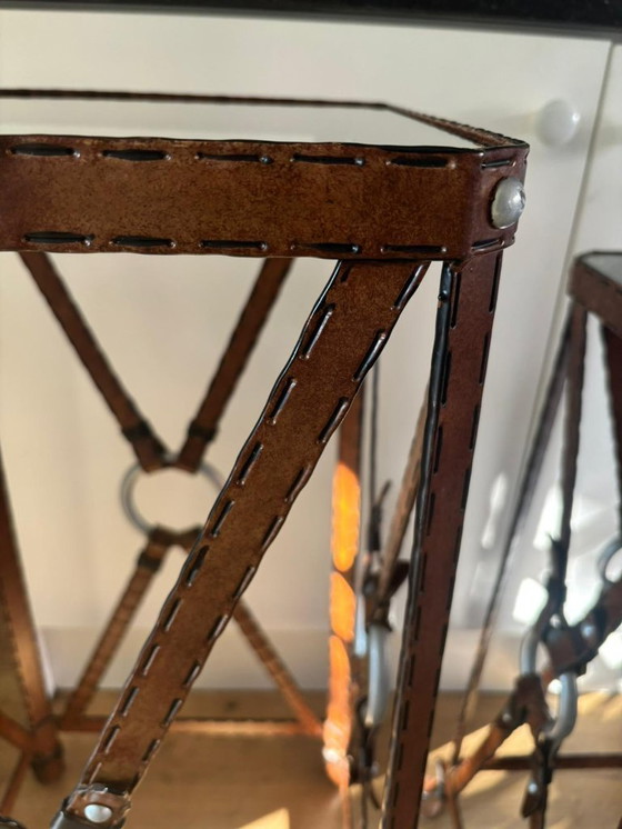 Image 1 of Unique set of 3 console tables – France, 1970s – in the style of Jacques Adnet – iron (imitation leather) and glass