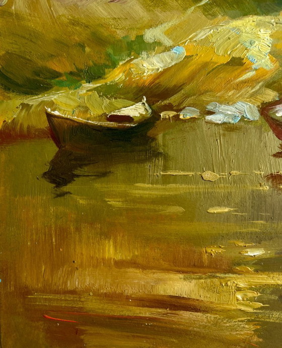 Image 1 of Original Oil Painting Coastal Lake Landscape Silence in nature near the lake