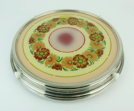 Image 1 of 1930s Rotatable Cake Platter Glass Chrome Cake Plate Floral Decor
