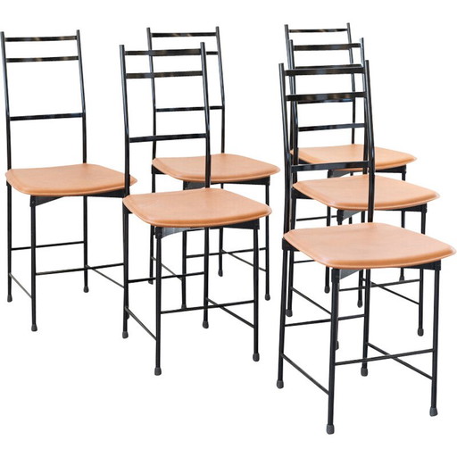 Set of 6 vintage aluminum and leather chairs, 1980