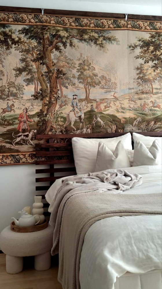 Image 1 of Large custom-made Jules Pansu French tapestry with 18th-century royal hunting scene 'en Forêt de Compiègne' 390 x 157 cm