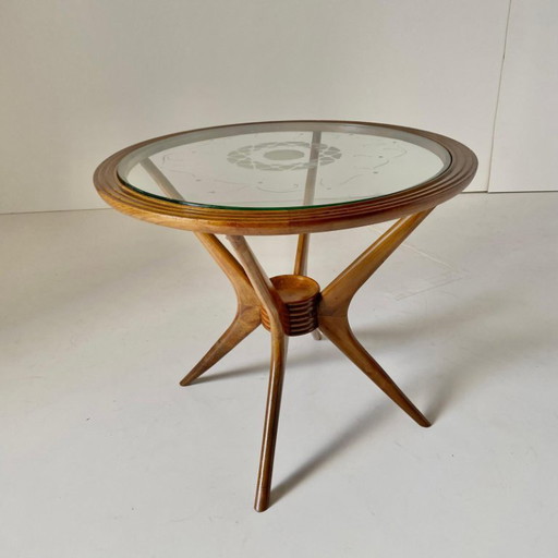 1x Gebogener Couchtisch aus Holz mit Spinnenbeinen, Holz & Glas, Italien, 1950er Jahre