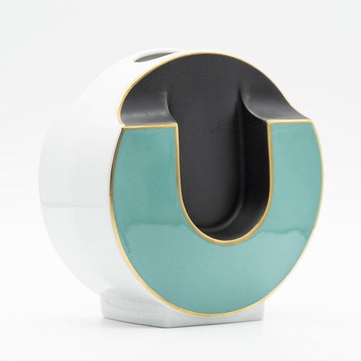 Seltene Chic Kpm Bavaria Glänzende & Matte Porzellan Vintage Vase Schwarz Türkis Gold