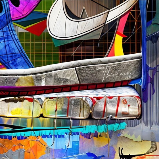 Image 1 of Tredici: "Nike Jordan di Picasso". Firmato a mano, esemplare 7/10. Glicée su tela. Include cornice e sistema di sospensione.