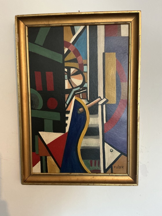 Image 1 of Dipinto astratto in stile cubista – Firmato – Olio su tela con cornice dorata