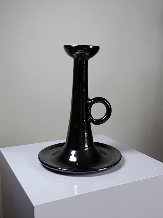 Image 1 of Grote Biot-kandelaar van zwart geglazuurd aardewerk, voorheen een lampvoet, jaren 60.