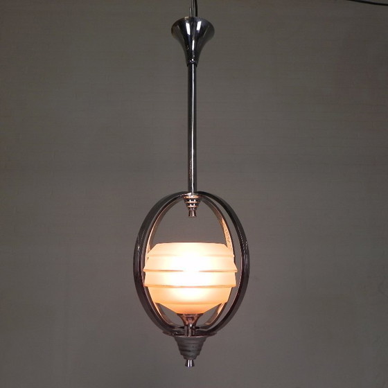 Image 1 of Art Deco pendant lamp with glass shade in a chrome frame, 1930s