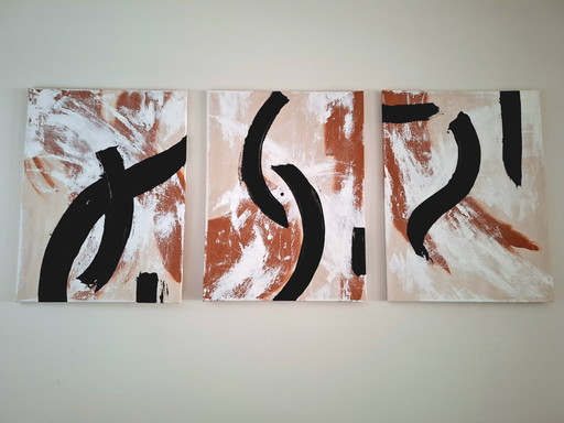 Triptych three paintings japandi terracotta