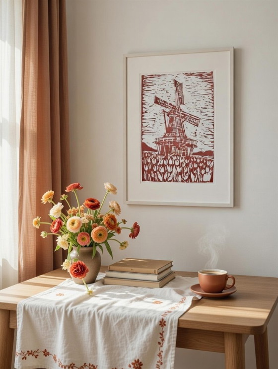 Image 1 of Grabado en linóleo de un molino de viento holandés | Tinta terracota, arte de campos de tulipanes (A4)