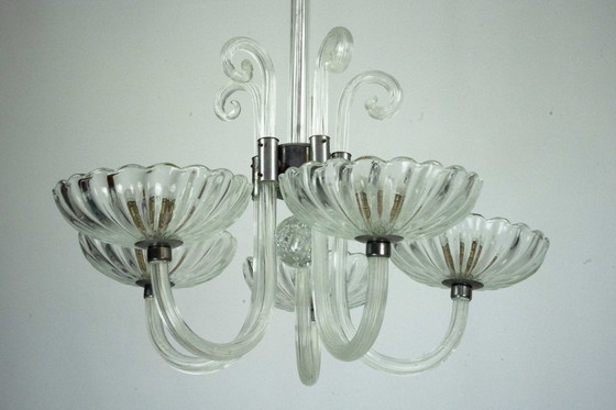 Image 1 of Rare Art Deco Italian Five-Arm Murano Glass Chandelier attributed to Seguso, 1940s
