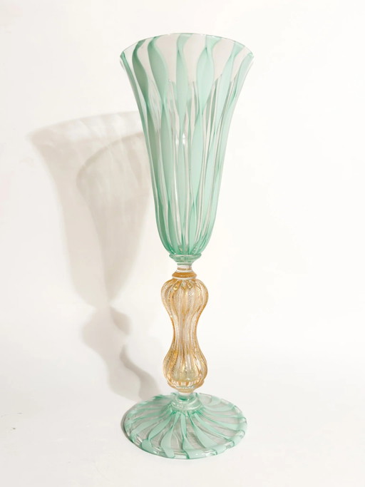 Vaso de cristal de Murano La Murrina de los años 70, verde y pan de oro