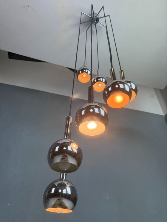 Image 1 of Wortmann & Filz cascadekroonluchter chroom, space age jaren 70