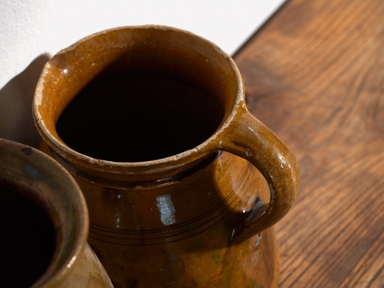 Pair of Antique Glazed Ceramic Jugs, Central Europe, circa 1920 #3, Crockery, Brown (photo 8 of 12)