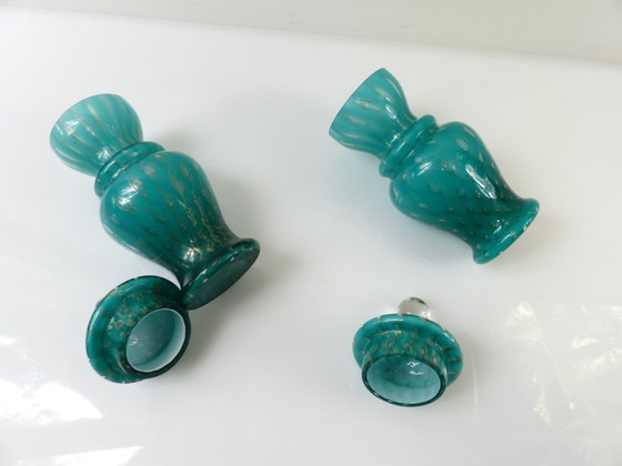 Pair of Covered Turquoise and Aventurine Glass Jars, Murano – 20th Century – Decorative Objects (photo 12 of 13)