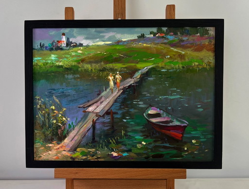 Original Oil Painting Summer Bridge Landscape Girls are walking by the river