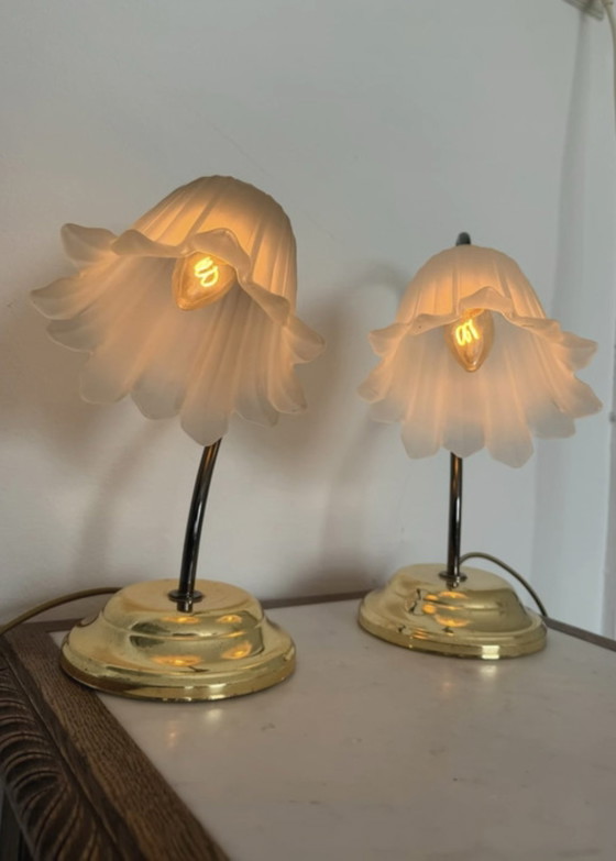 Vintage Flower Lamps in Hollywood Regency Style - Set of 2 – Massive, Table lamps, Glass, Metal (photo 6 of 17)