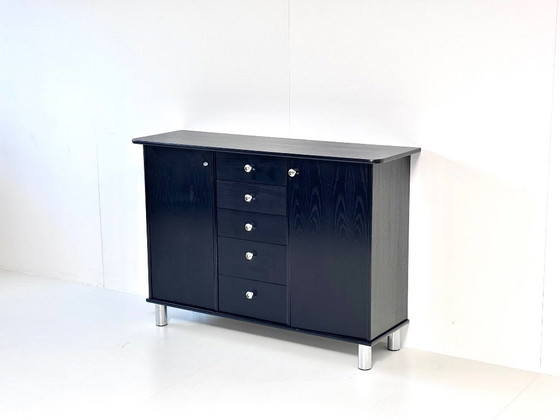 Vintage Sideboard in Black, 5 Drawers, Crystal Knobs & Chrome Feet, 1990s, Wood, Metal, Modern (photo 2 of 15)
