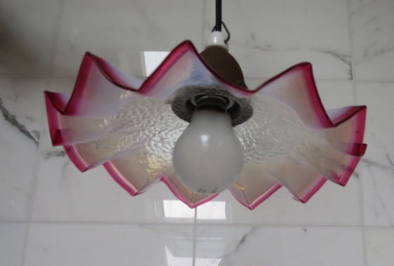 Image 1 of Art Deco glazen hanglamp rood wit zigzag rond