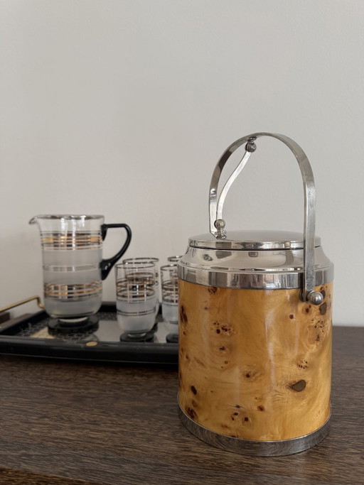 Italiaanse ijsemmer uit de jaren 60 met wortelhout en chroom, automatisch deksel, mid-century modern (photo 2 of 6)