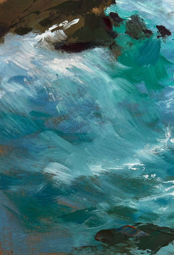 Image 1 of Original Oil Painting Coastal Rock Landscape Sailboats in the distance sea