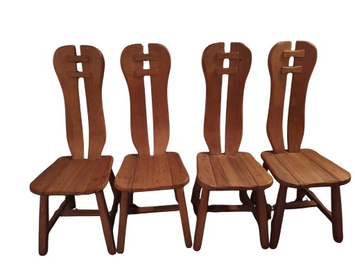 Set da pranzo brutalista vintage in rovere di De Puydt (anni '70) – Tavolo e 4 sedie