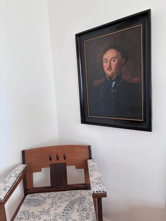 Image 1 of Peinture à l'huile originale ancienne représentant un officier, grand portrait d'homme.