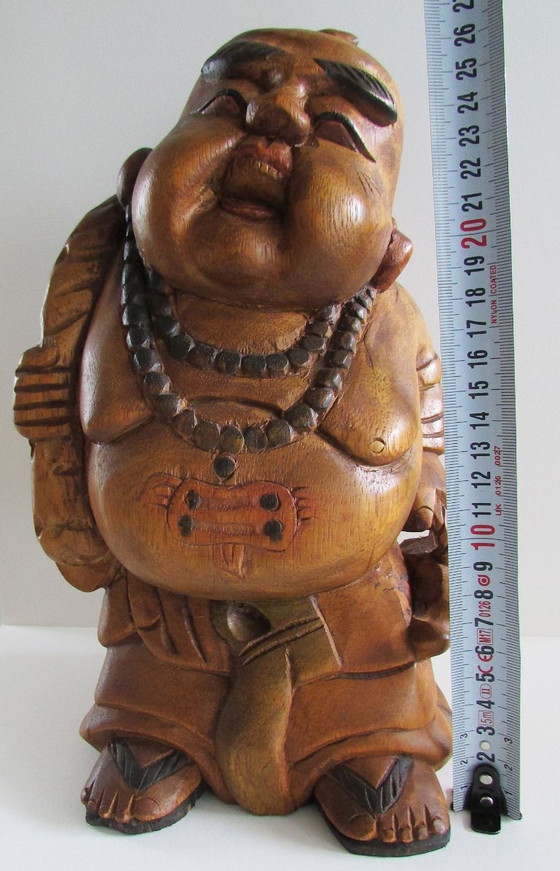 Image 1 of Hand-carved wooden statue of the Laughing Buddha