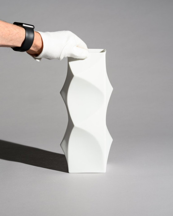 Image 1 of Heinrich Fuchs Lorenz Hutschenreuther “ARCHAIS” Bisque Porcelain Vase Duo Op-Art