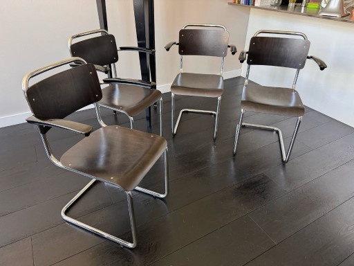 4 x Gispen 201 originele houten eetkamerstoelen: zwart gebeitst eiken