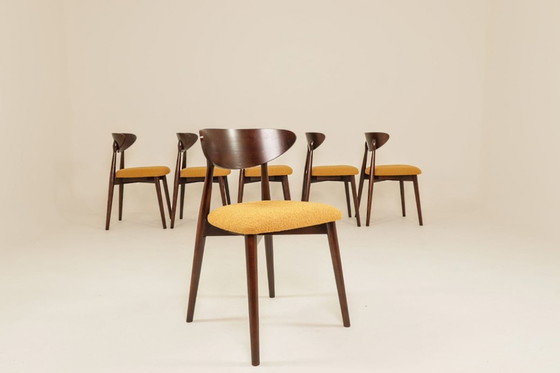 Image 1 of Ensemble de 6 chaises de salle à manger Ocra, tissu bouclè jaune, bois foncé