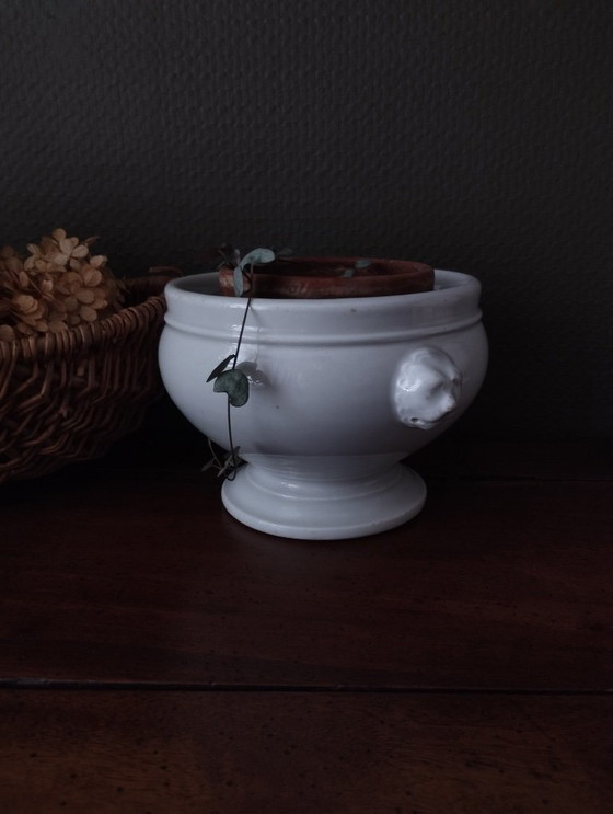 Image 1 of Pequeña sopera de porcelana gruesa con asas en forma de cabeza de león
