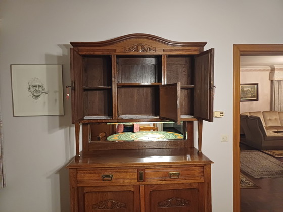 Antiker Eichen-Buffetschrank mit Spiegelaufsatz (Art Deco), Sideboard, Glas, Holz, Braun (Foto 5 von 5)
