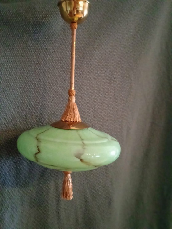 Image 1 of Duitsland 1930. Prachtige vintage Art Deco plafondlamp met groen opaalglas.