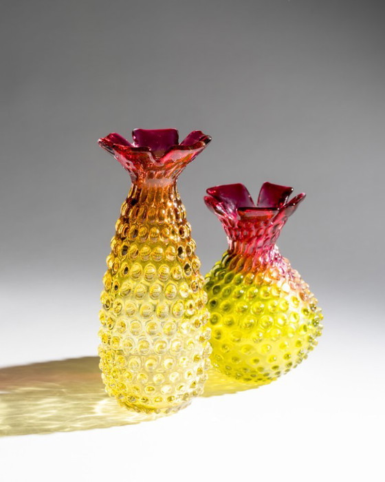 Image 1 of Frantisek Koudelka Skrdlovice Glassworks “Ananas” Raro DÚO de vidrio artístico checo
