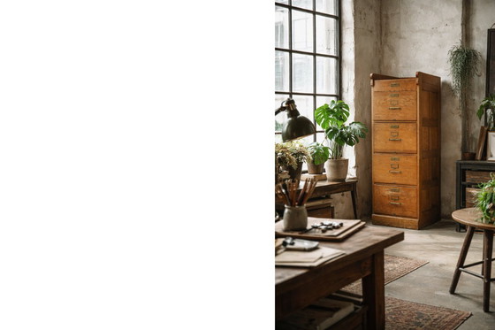 Image 1 of Mobiletto portadocumenti vintage industriale in rovere inglese con cassetti, anni '20