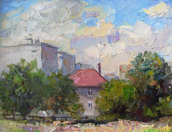 Peinture à l'huile originale Paysage urbain Maison d'été Paradis – Peintures et dessins, Canvas (photo 8 of 8)