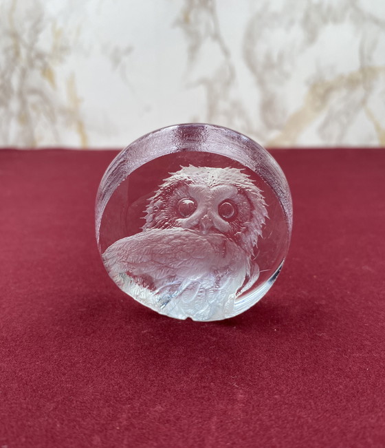 Image 1 of Swedish Mats Jonasson Lead Crystal Owl Glass Sculpture / Paperweight With Label And A Signature / Vintage Art & Collectibles