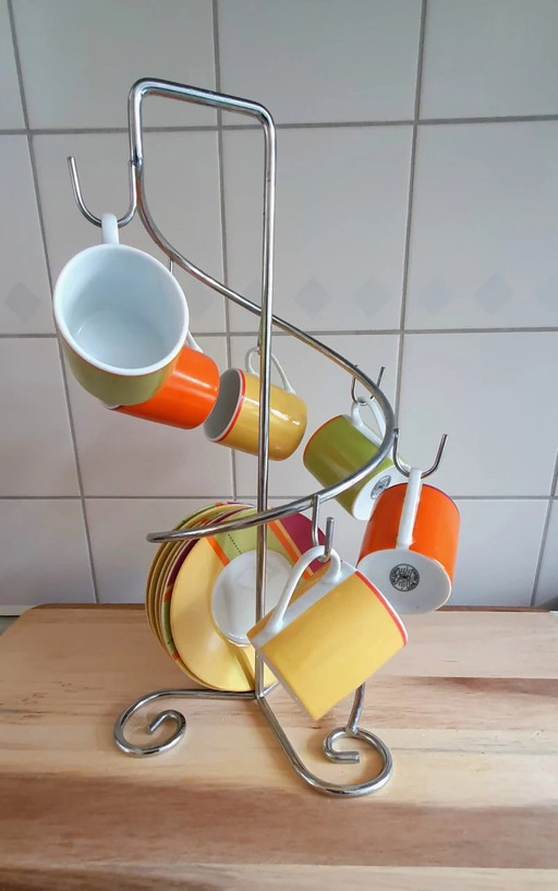 Vintage bunte 6-Personen Tasse und Untertasse in Chrom hängenden Rack